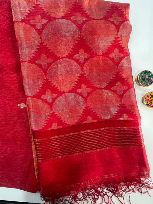 Red Pure Silk Linen Saree