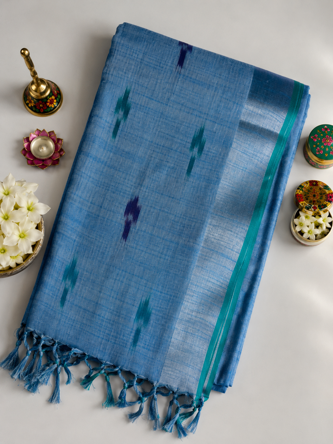 Blue Linen Ikkat Saree