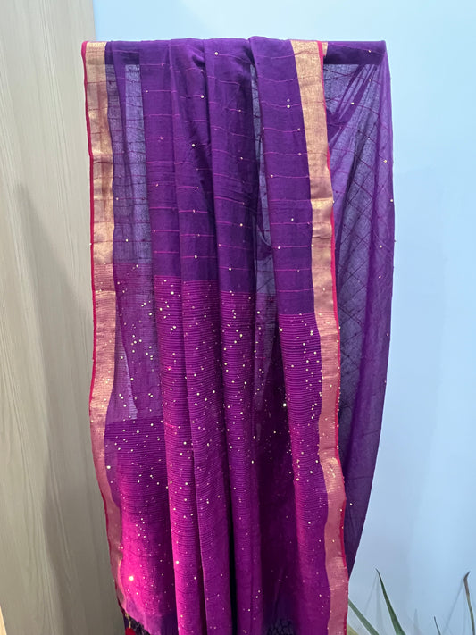 Mul Cotton Saree with Sequin Work and Golden Border