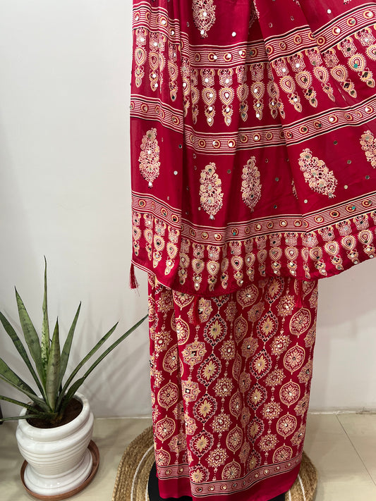 Red Ajrakh Saree With Mirror Work