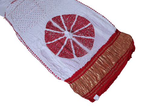 White and Red Modal Silk Bandhani Saree with Shibori Pallu