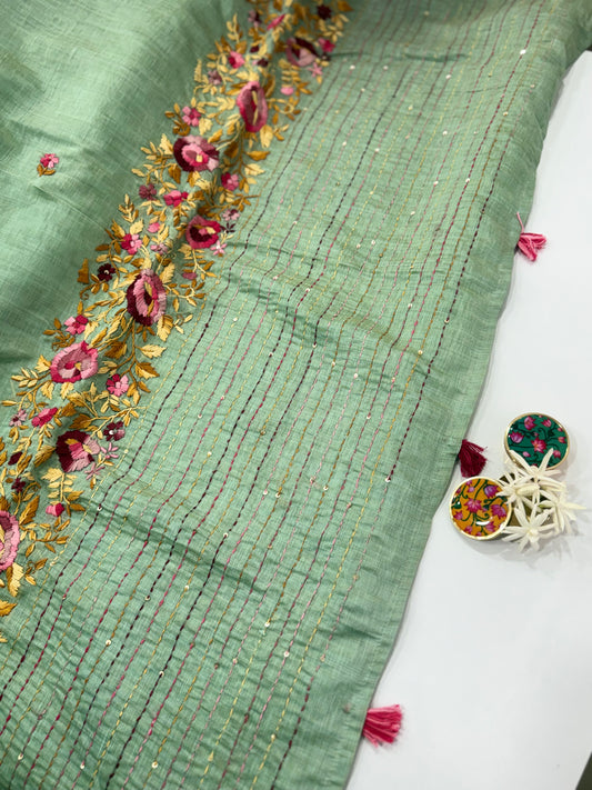 Sage Green Chanderi Cotton Parsi Handwork Saree
