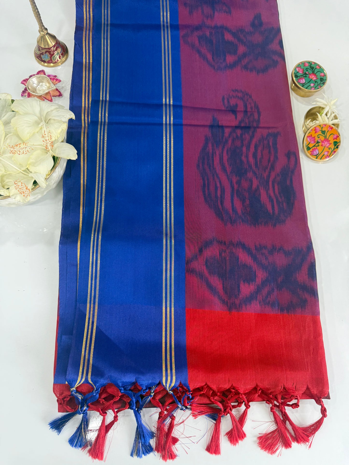 Blue and Red Silk Saree with Zari Border