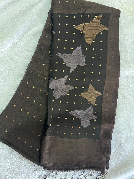 Brown ilk linen handloom saree