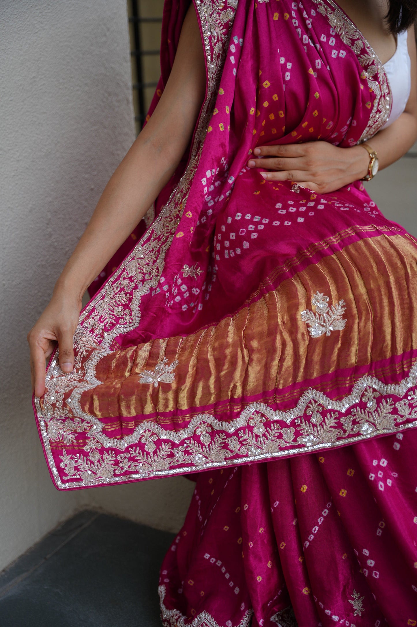 Gulbahaar - Pure Gaji Silk Bandhani Saree with zardosi handwork