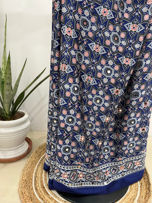 Navy Blue Ajrakh Modal Mirror Work Saree
