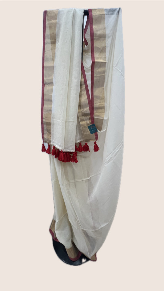 Timeless Off White Cotton Saree with Gold Zari & Red Border