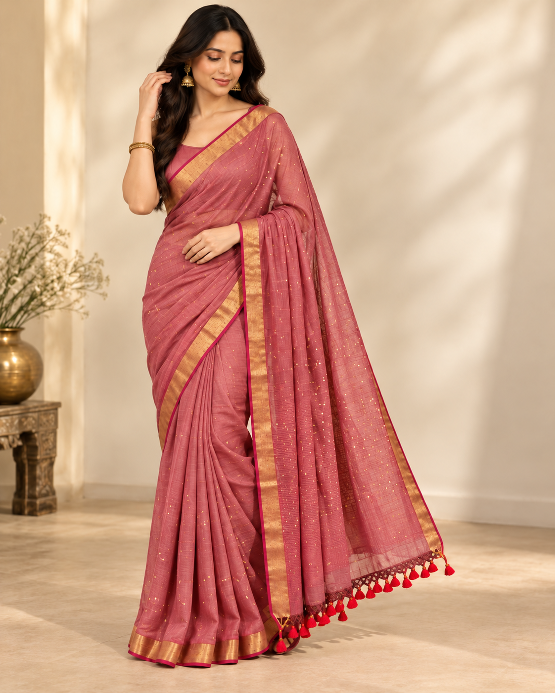 Mul Cotton Saree with Sequin Work and Golden Border