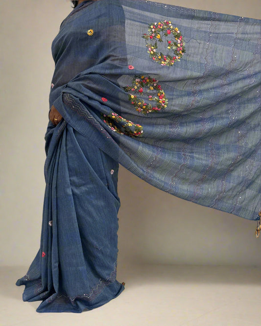 Semi linen Bullion handwork Saree