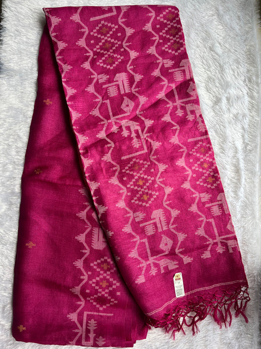 Rani Pink - Pure Tussar Silk Jamdani Saree