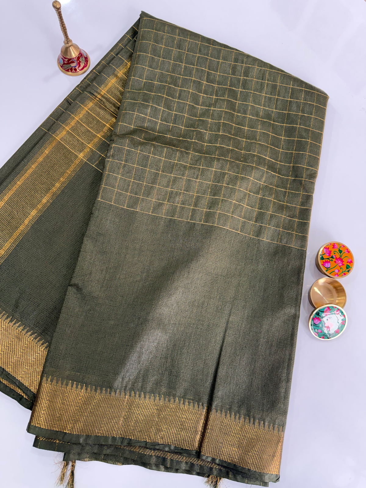Mangalgiri Semi Silk Saree with Golden Zari Checks & Border