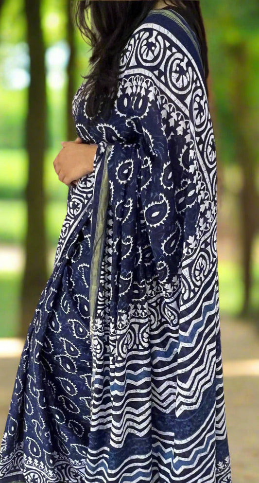 Chanderi Cotton Saree - Evergreen indigo