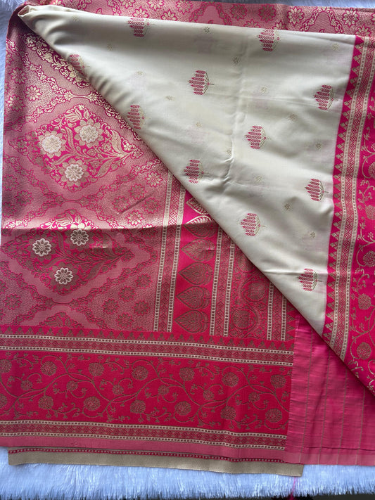 White & Pink Crepe Silk Saree