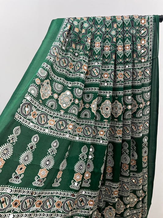 Emerald Green Ajrakh Mirror Work Saree