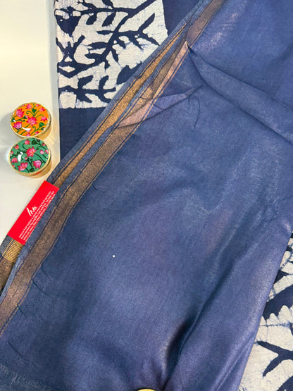 Indigo Batik Cotton Saree with Zari Border