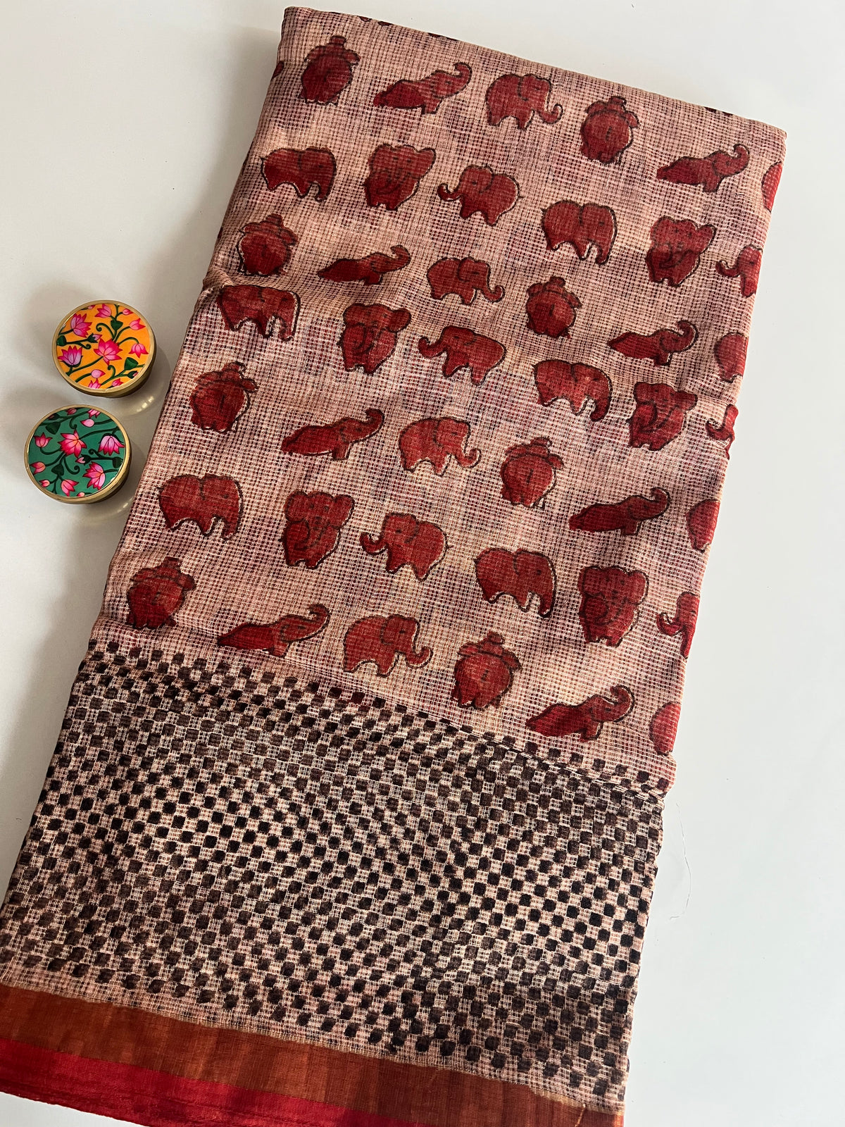 Kota Doriya Saree with Elephant Hand Block Print