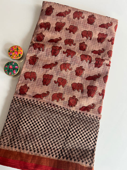Kota Doriya Saree with Elephant Hand Block Print