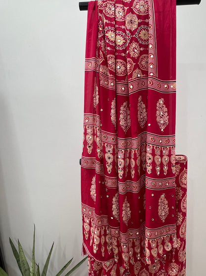 Red Ajrakh Saree With Mirror Work