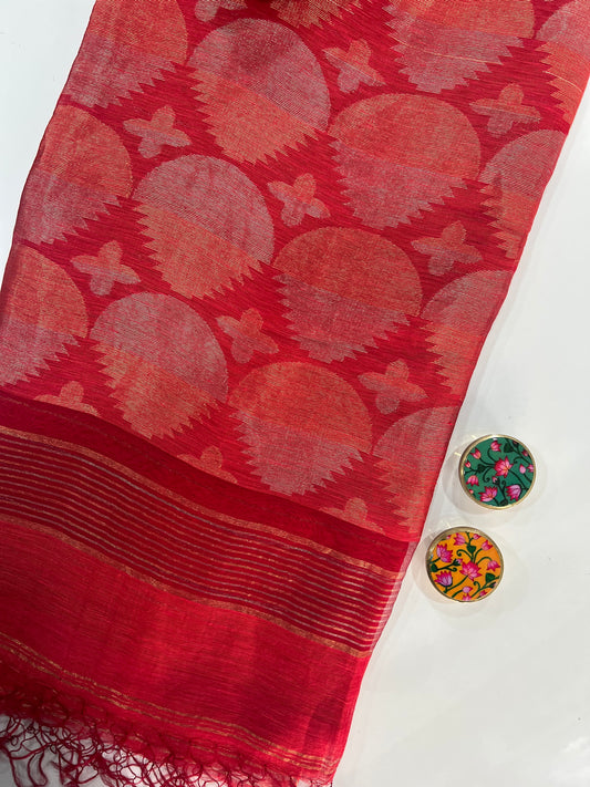 Red Pure Silk Linen Saree