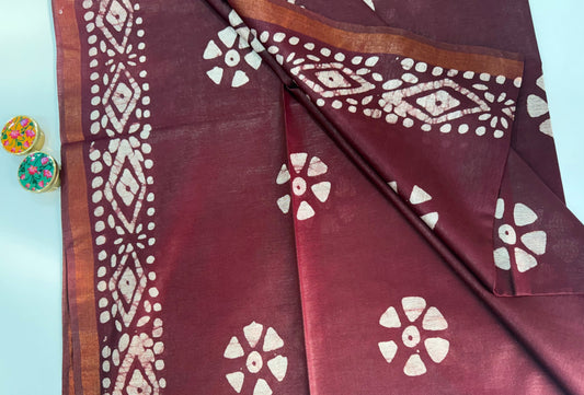 Maroon Cotton Linen Batik Saree