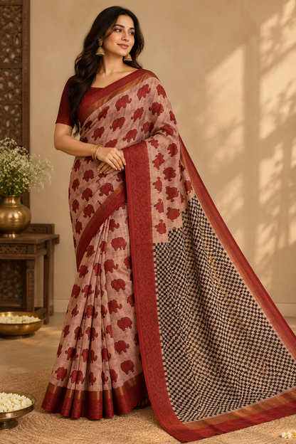 Kota Doriya Saree with Elephant Hand Block Print