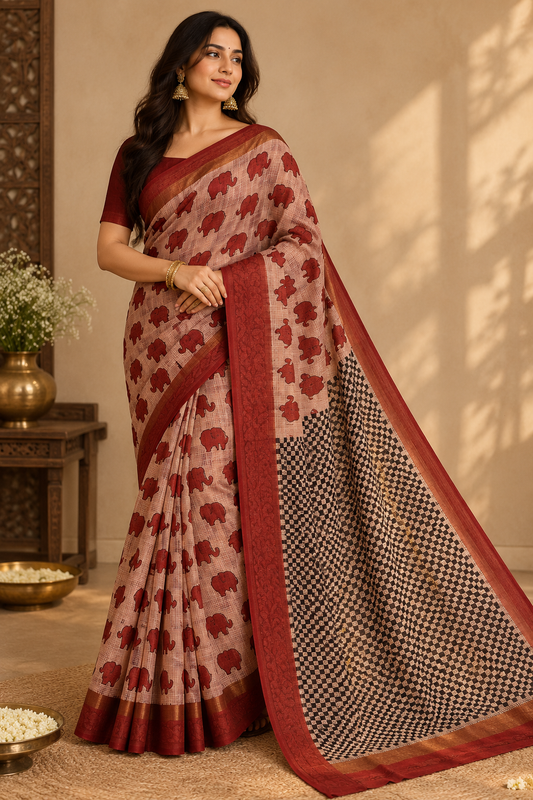 Kota Doriya Saree with Elephant Hand Block Print