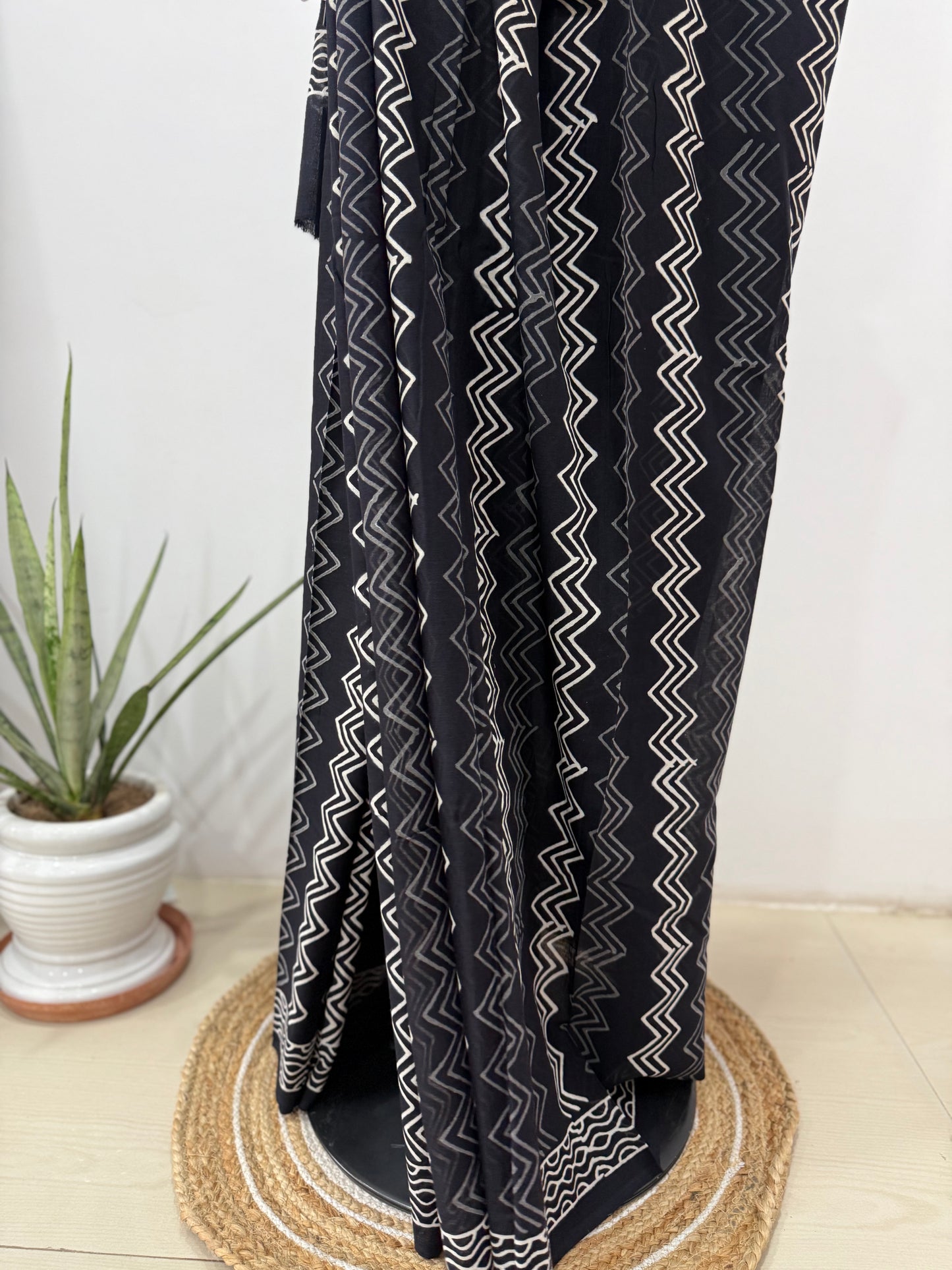 Black & White Hand Block Printed Cotton Saree