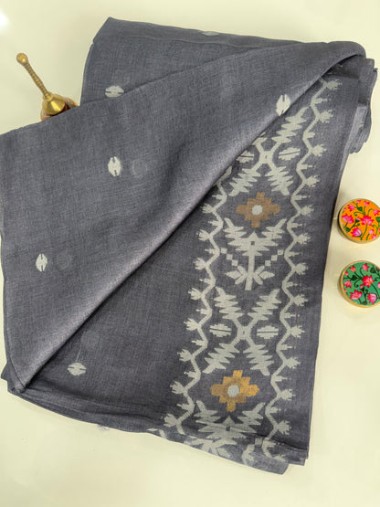 Grey Pure Tussar Silk Saree with