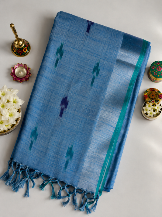 Blue Linen Ikkat Saree