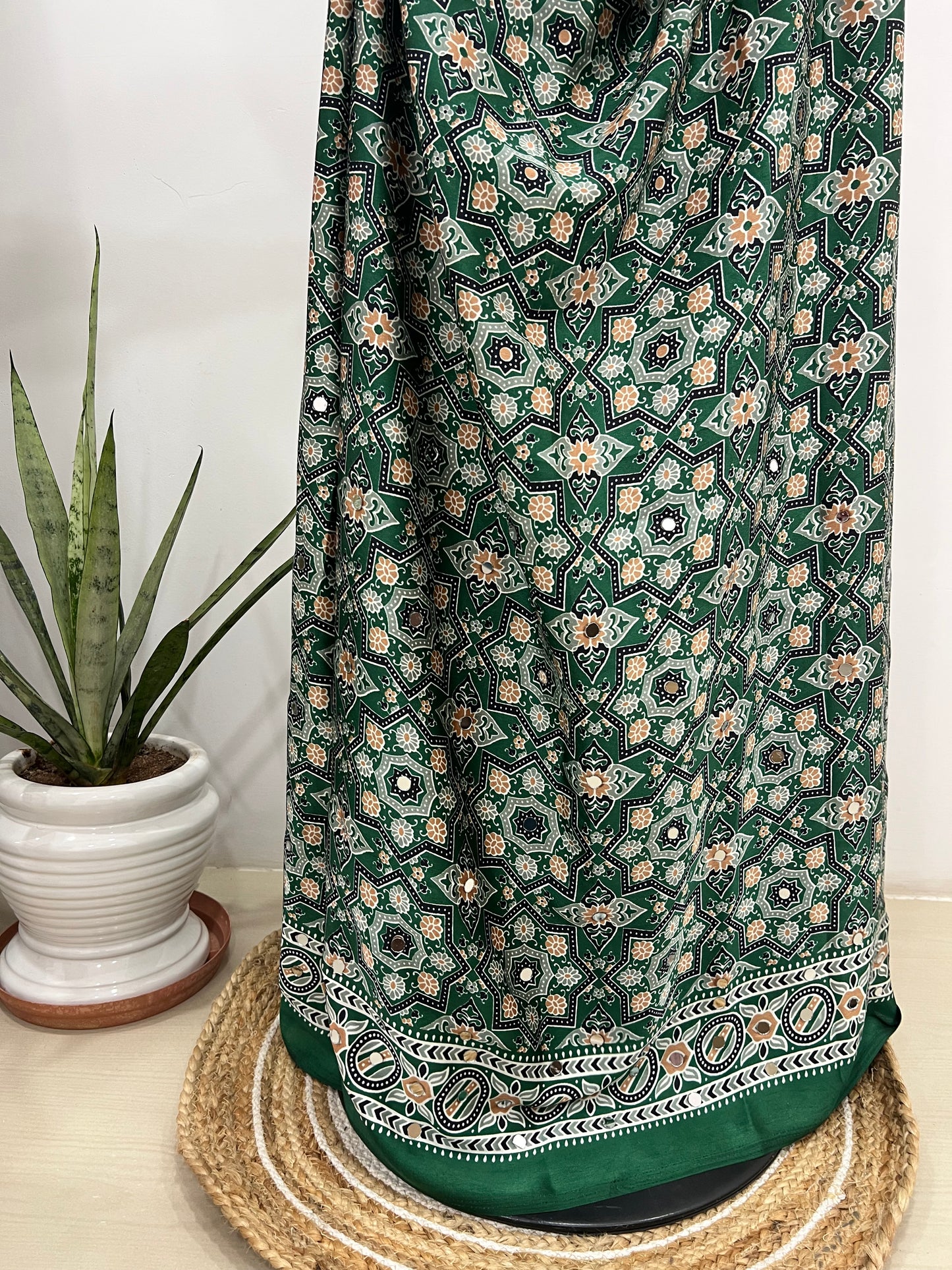 Emerald Green Ajrakh Mirror Work Saree