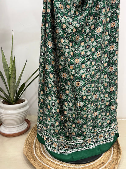 Emerald Green Ajrakh Mirror Work Saree