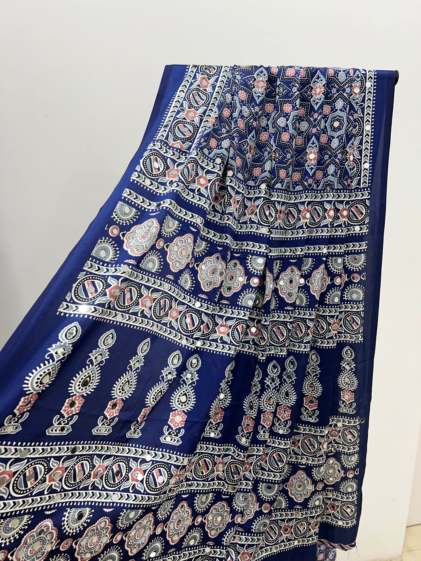 Navy Blue Ajrakh Modal Mirror Work Saree