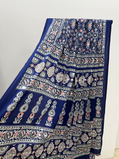 Navy Blue Ajrakh Modal Mirror Work Saree
