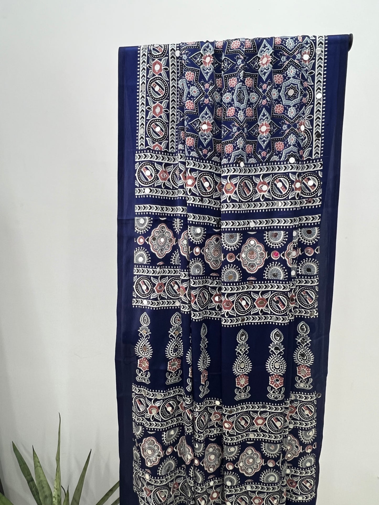 Navy Blue Ajrakh Modal Mirror Work Saree