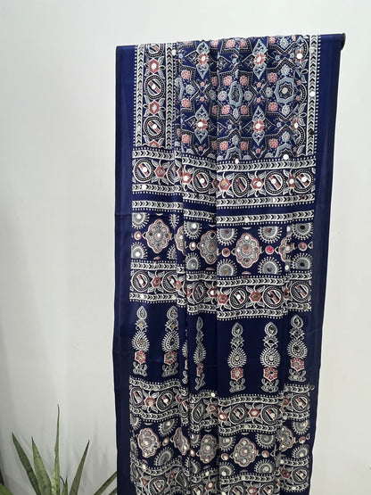 Navy Blue Ajrakh Modal Mirror Work Saree