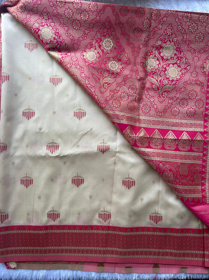White & Pink Crepe Silk Saree