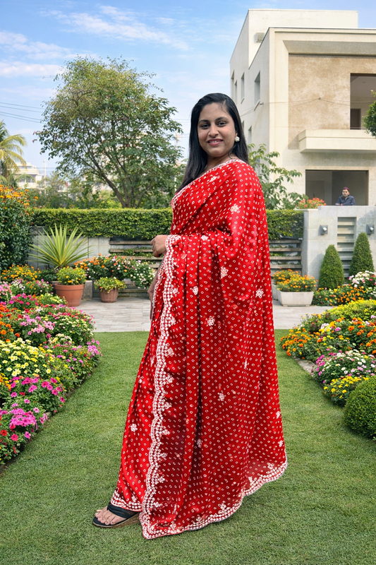 Printed Bandhani Dola Art Silk Saree- Red