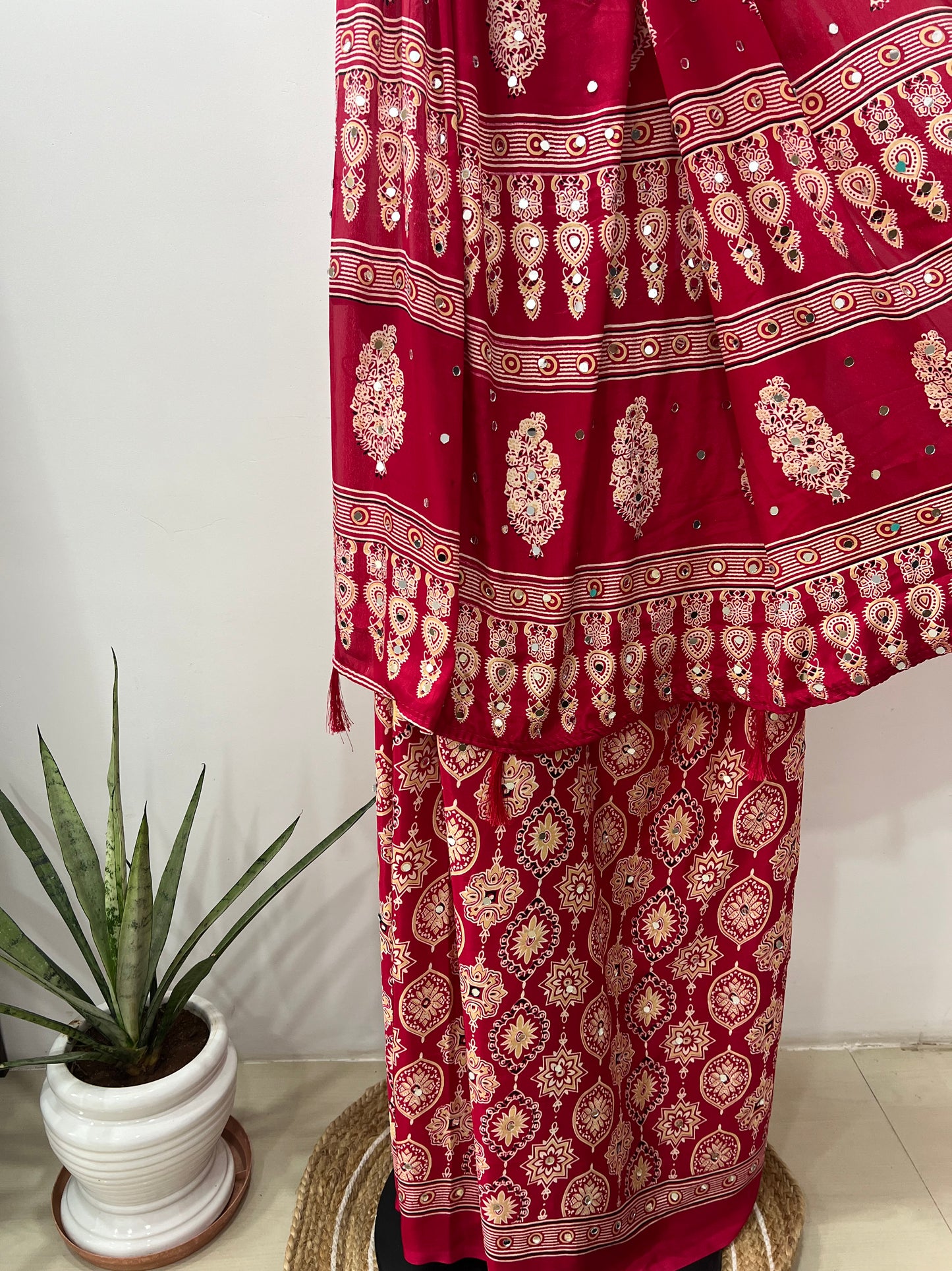 Red Ajrakh Saree With Mirror Work
