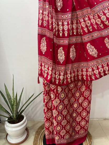Red Ajrakh Saree With Mirror Work