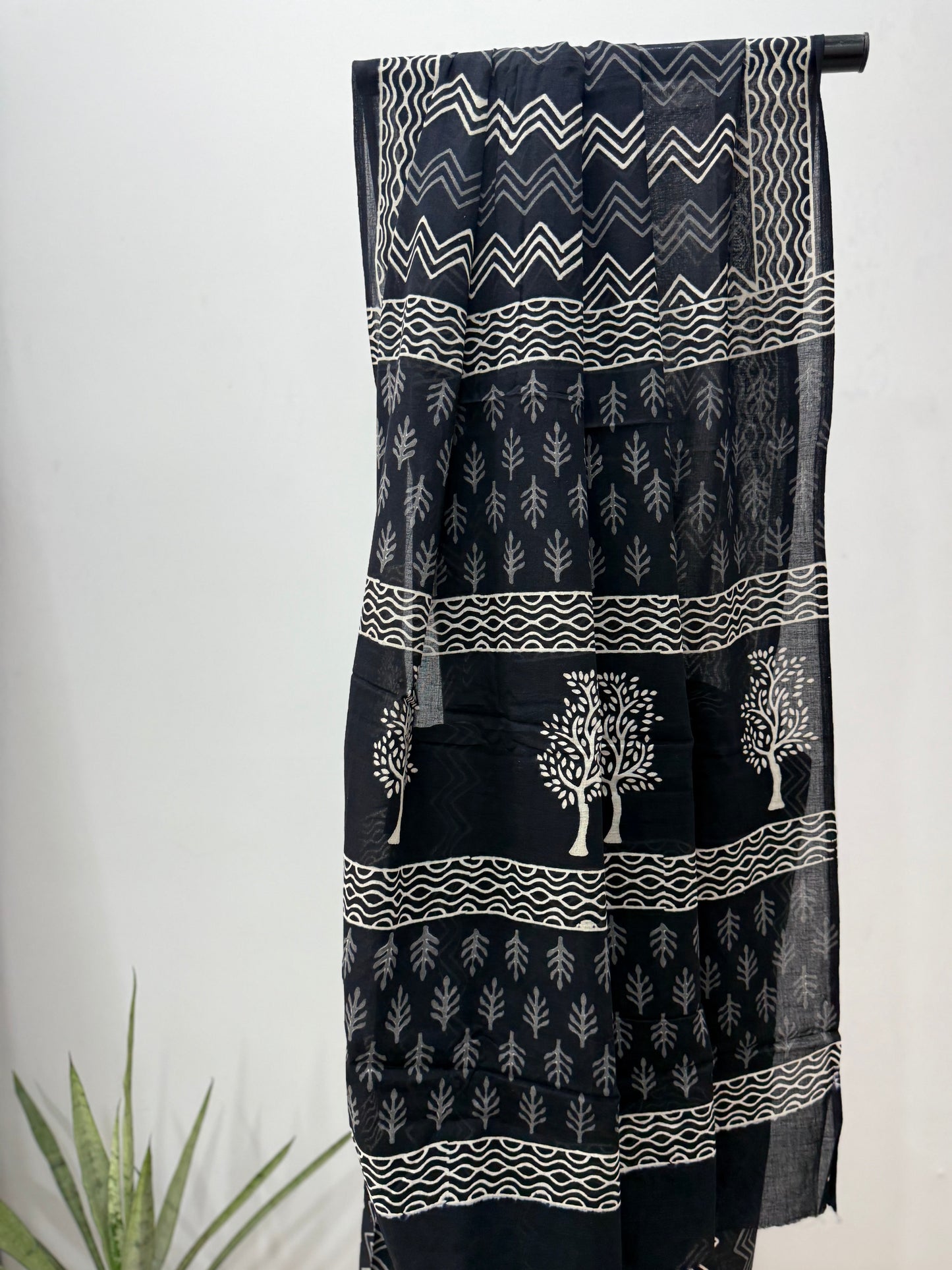 Black & White Hand Block Printed Cotton Saree