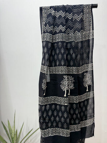 Black & White Hand Block Printed Cotton Saree