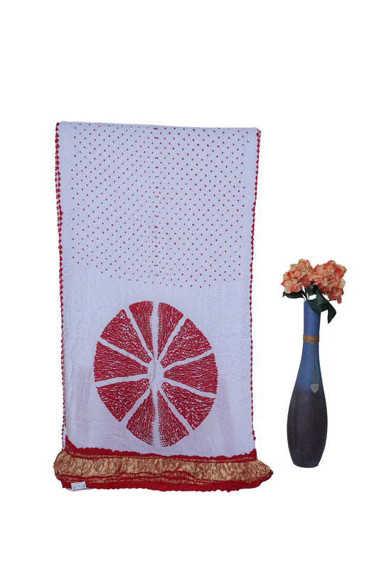White and Red Modal Silk Bandhani Saree with Shibori Pallu
