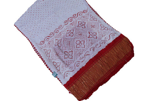 White and Red Modal Silk Bandhani Saree
