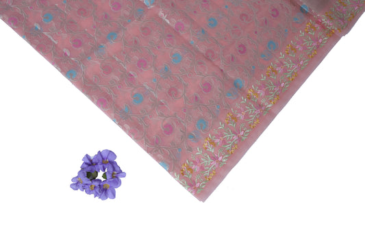 Peach Pink Bamboo Kora Silk Saree