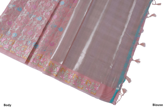 Peach Pink Bamboo Kora Silk Saree