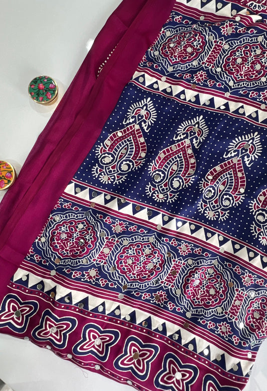 Ajrakh Modal Silk Saree with Mirror Work