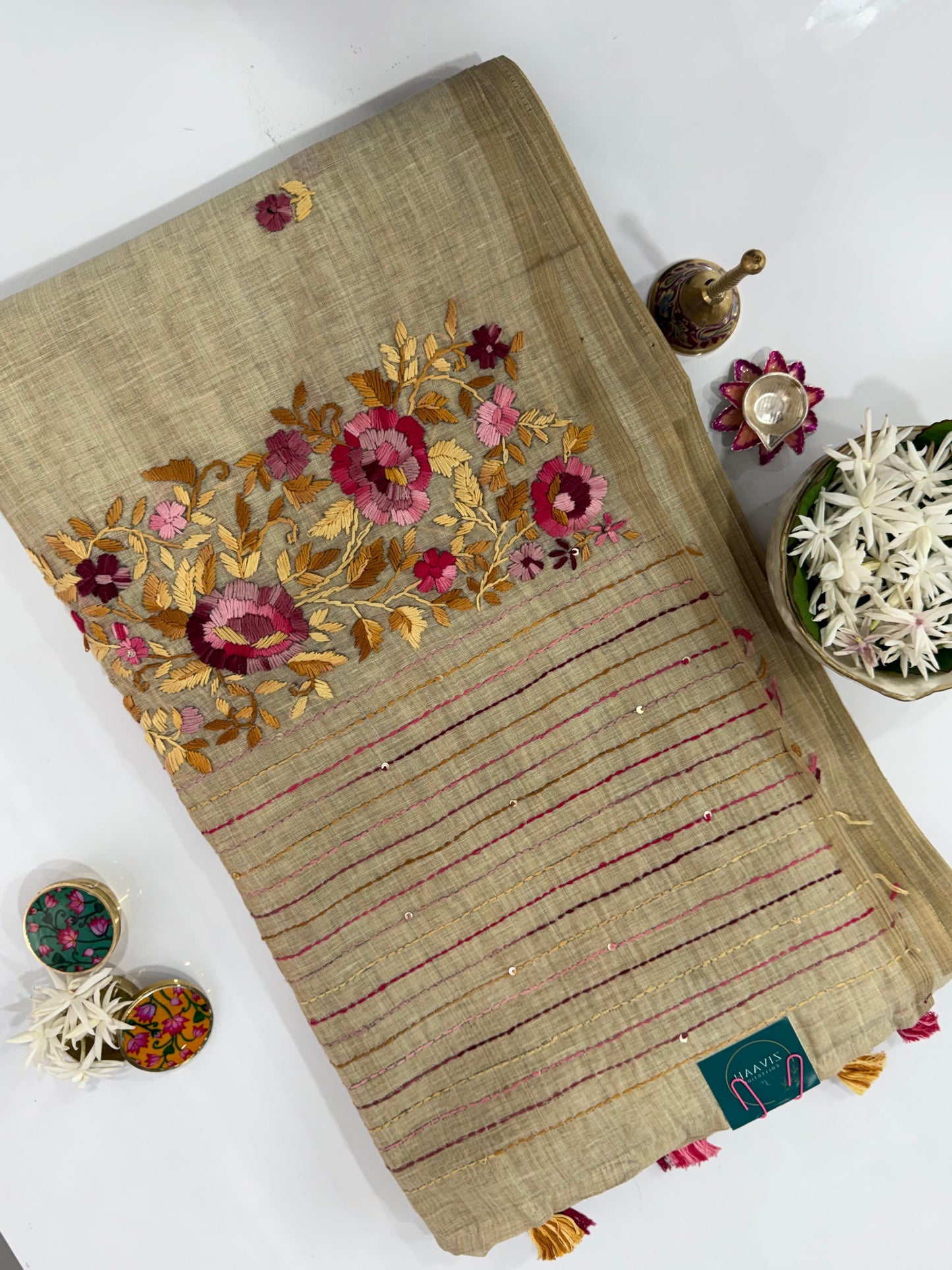Beige Chanderi Cotton Parsi Handwork Saree