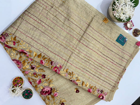 Beige fabric with floral embroidery on a white background