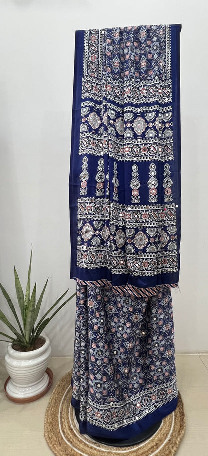 Blue Ajrakh Mirror Work Saree.