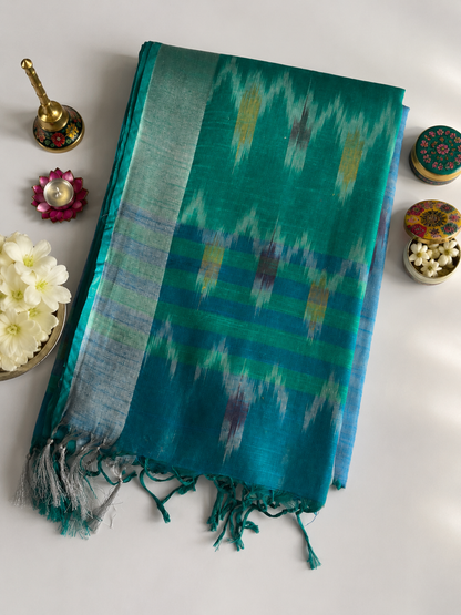 Blue Linen Ikkat Saree